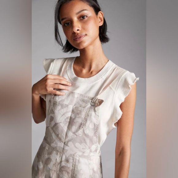 Anthropologie Maeve Wide Leg Linen Printed Tie Overalls Ivory Beige Flower - Picture 3 of 10